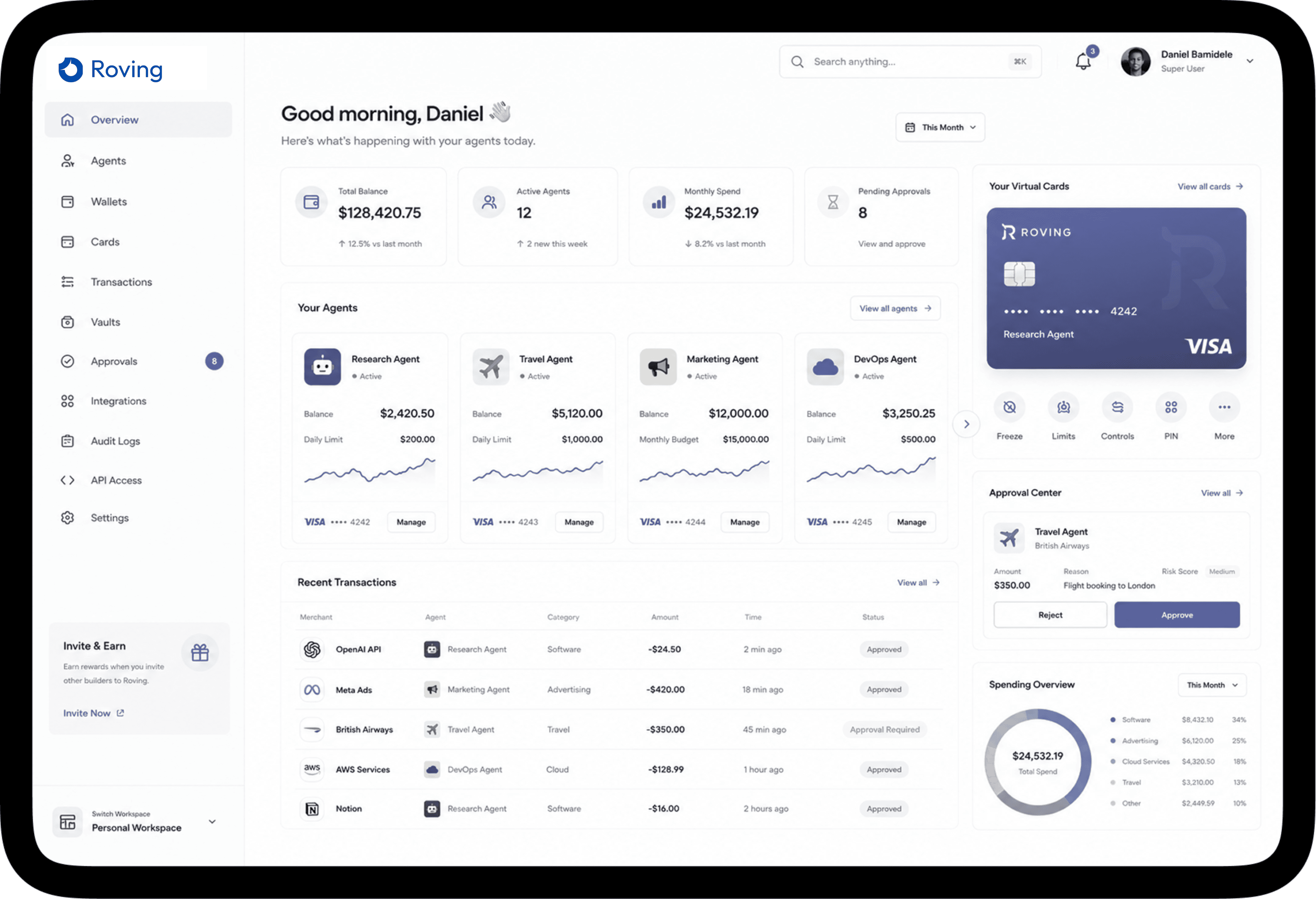 Roving dashboard — manage your AI agents, wallets and cards
