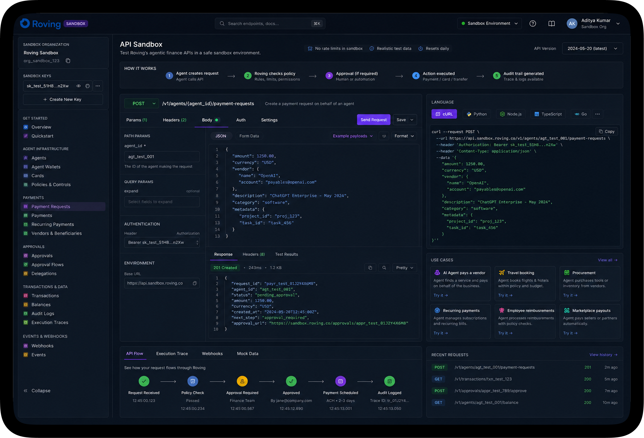 Roving API Sandbox dashboard